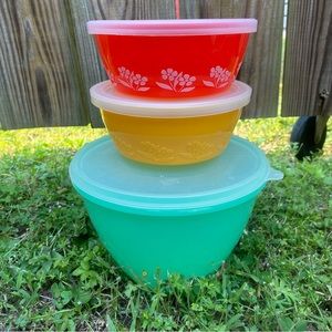Vintage Tupperware green flower red plastic food containers